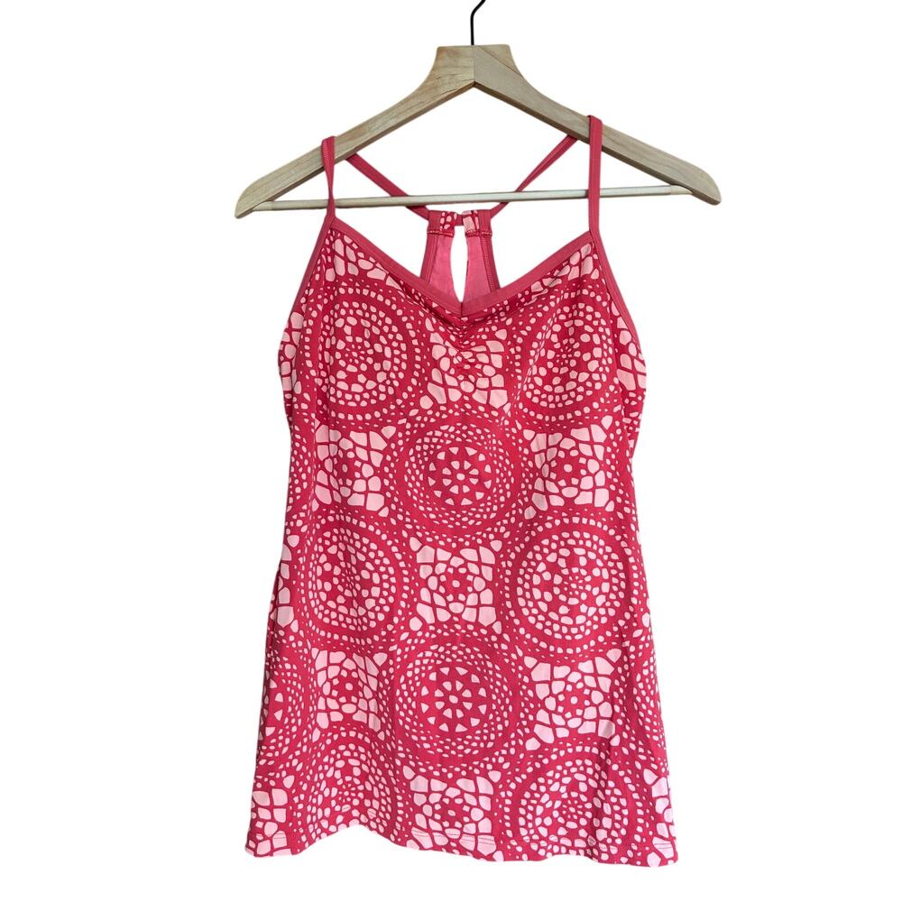 Lucy Activewear Tank Built in Bra Orange Medallion Print Open Back Detail Size L
